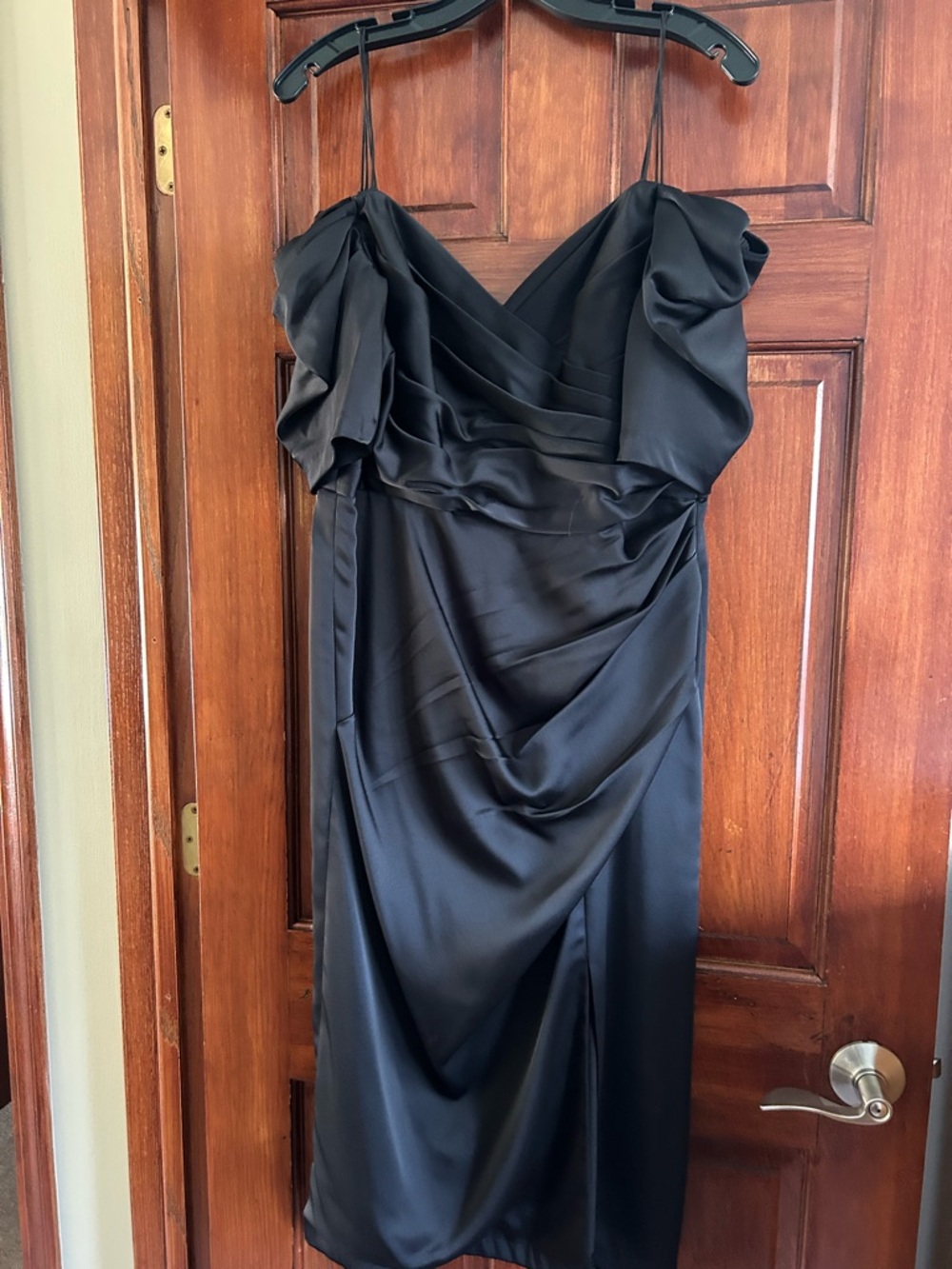 Theia Black Satin Draped Midi Dress with Spaghetti Straps